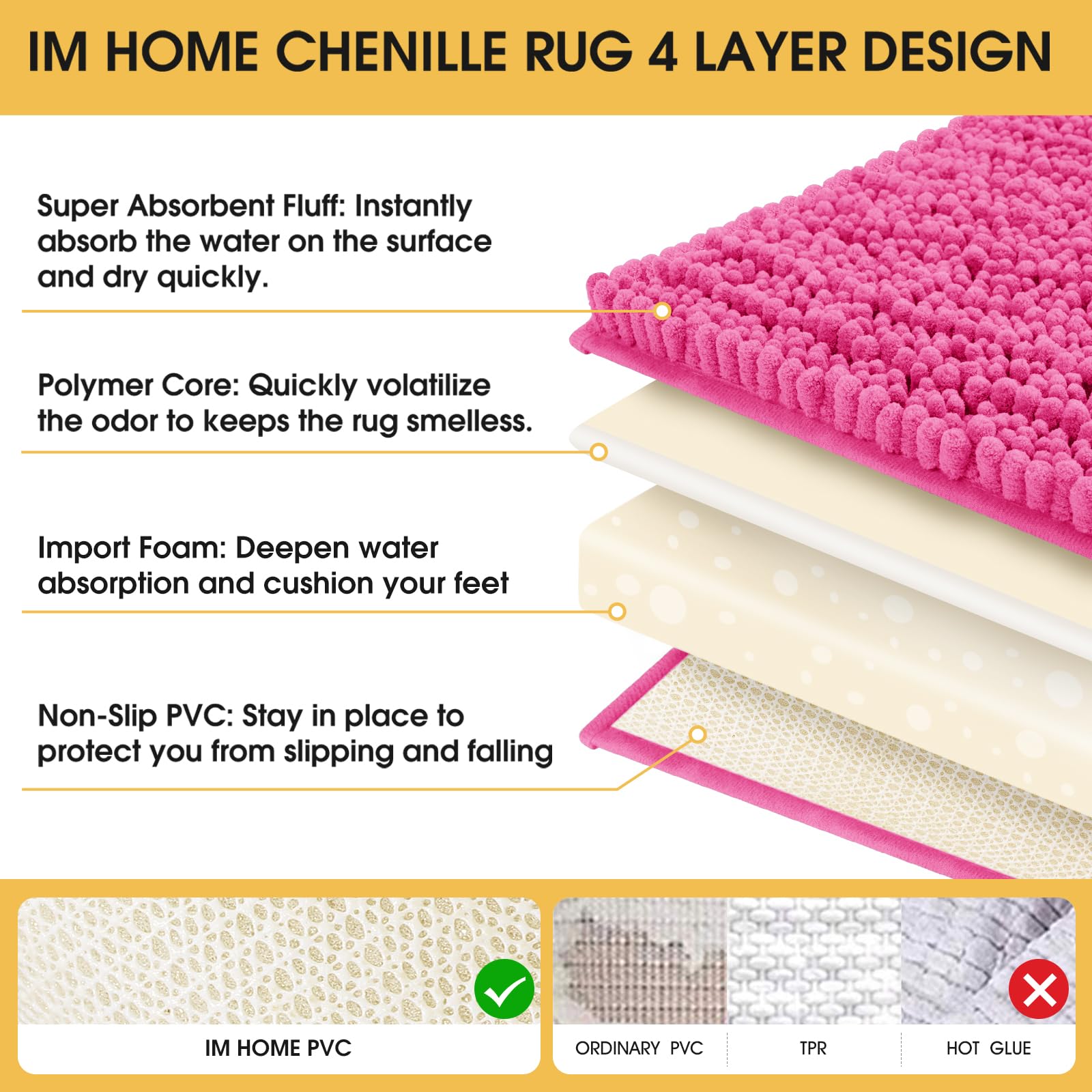 Accumtek Upgrade Extra Large Shiny Pink Bathroom Rug Set 3 Pieces Ultra Soft, Thick Absorbent Bath Mats, Non Slip Chenille Toile